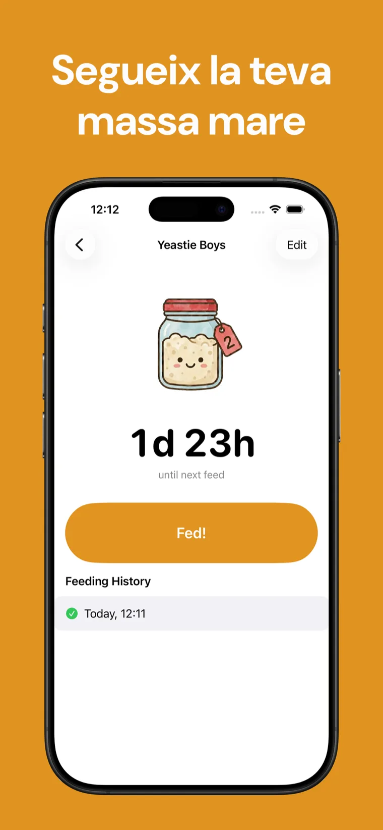 Segueix la teva massa mare — Massa Mare Tracker a l'iPhone mostrant una llista de masses mare amb un compte enrere per a la propera alimentació