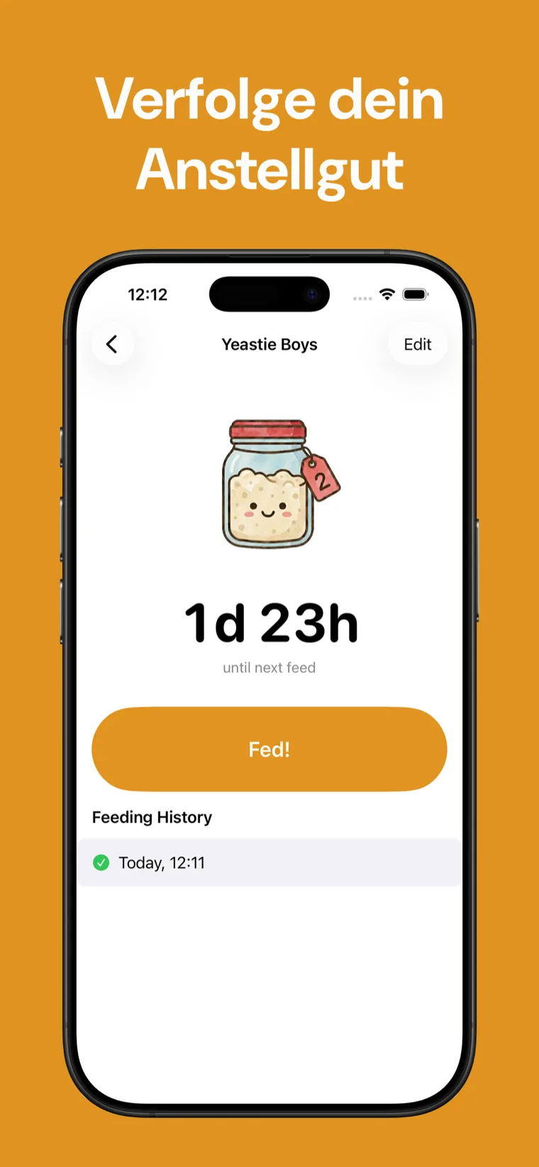 Verfolge dein Anstellgut — Sauerteig Tracker auf dem iPhone mit einer Liste von Anstellgütern und Countdown bis zur nächsten Fütterung