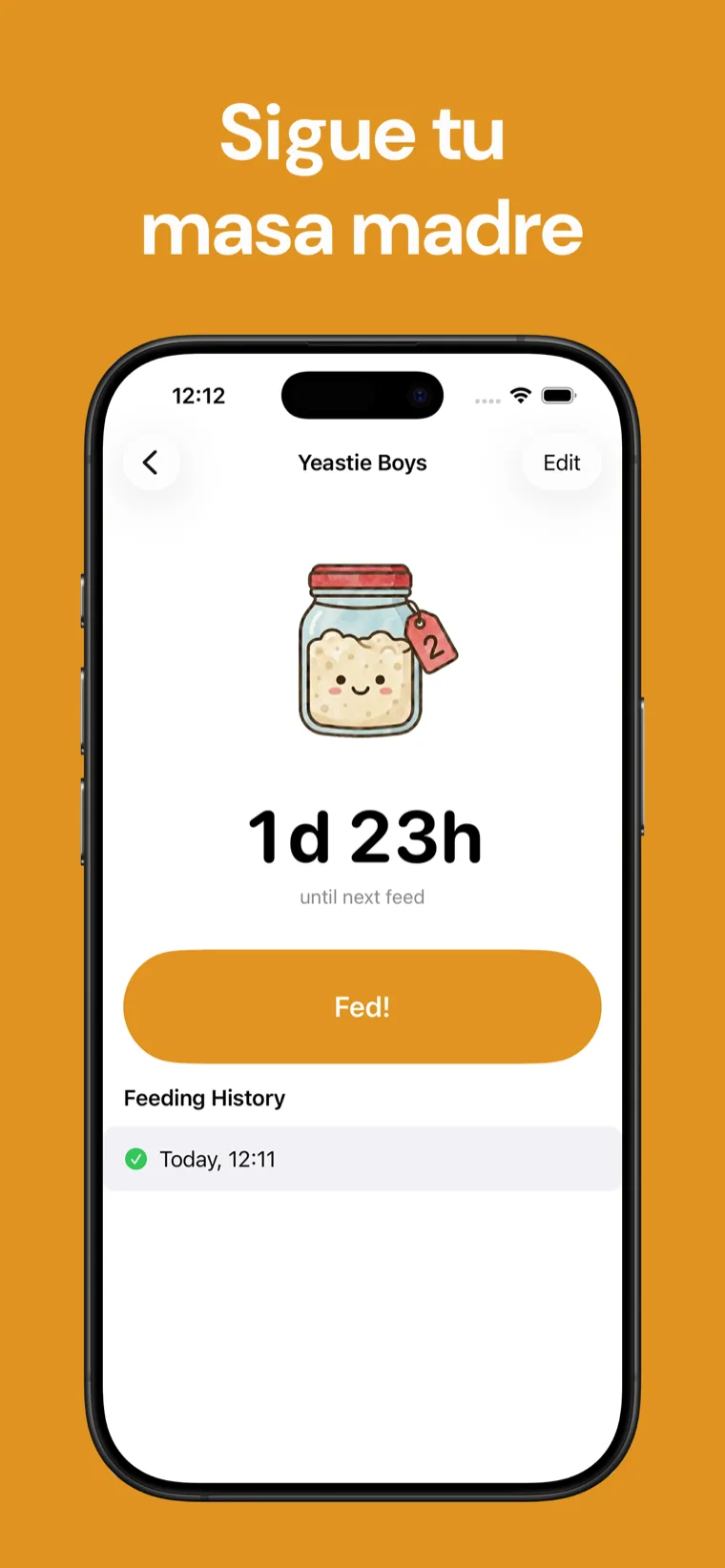 Sigue tu masa madre — Masa Madre Tracker en iPhone mostrando una lista de masas madre con una cuenta regresiva hasta la próxima alimentación