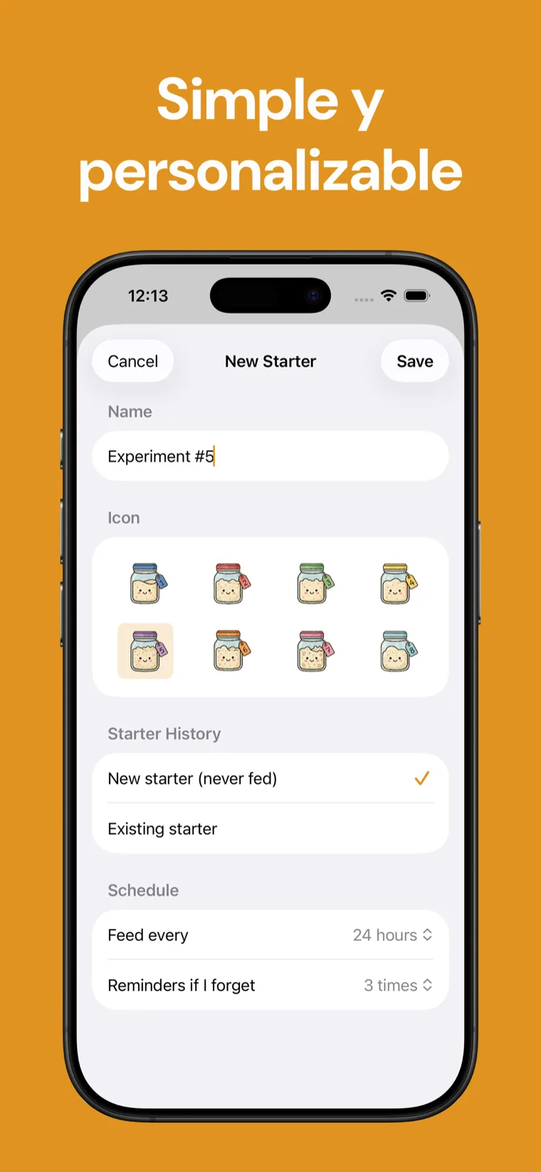 Simple y personalizable — Masa Madre Tracker mostrando una masa madre con nombre e icono personalizados y una mascota que crece con cada alimentación