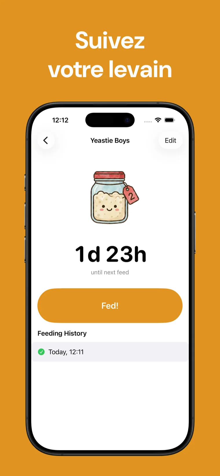 Suivez votre levain — Levain Tracker sur iPhone affichant une liste de levains avec un compte à rebours jusqu'au prochain rafraîchi