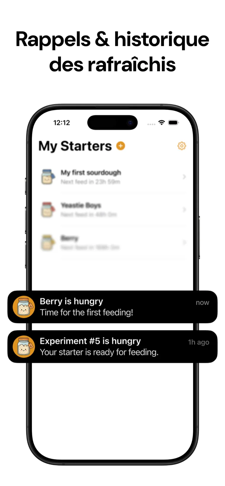 Rappels & historique des rafraîchis — Levain Tracker affichant l'historique des rafraîchis et les rappels par notification push