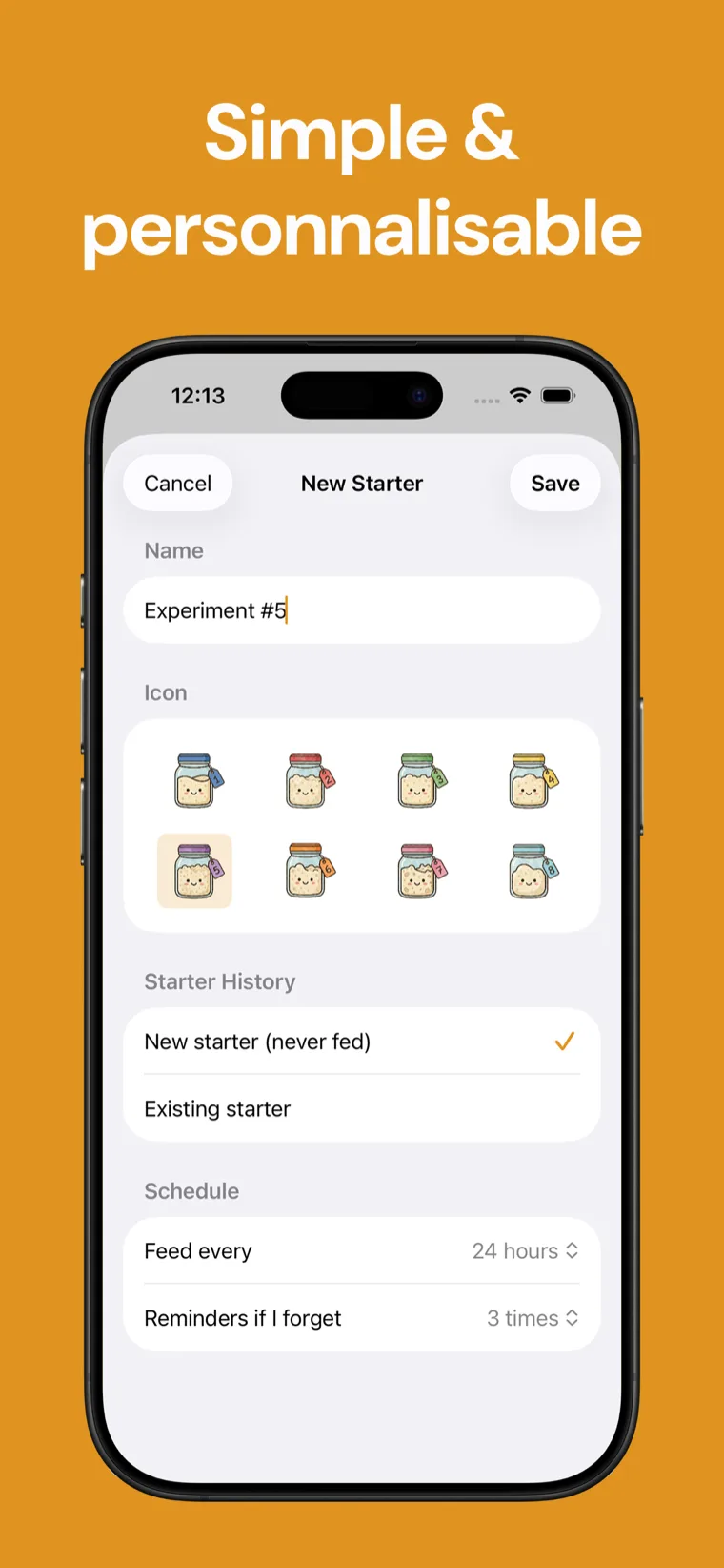 Simple & personnalisable — Levain Tracker montrant un levain avec un nom et une icône personnalisés et une mascotte qui grandit à chaque rafraîchi