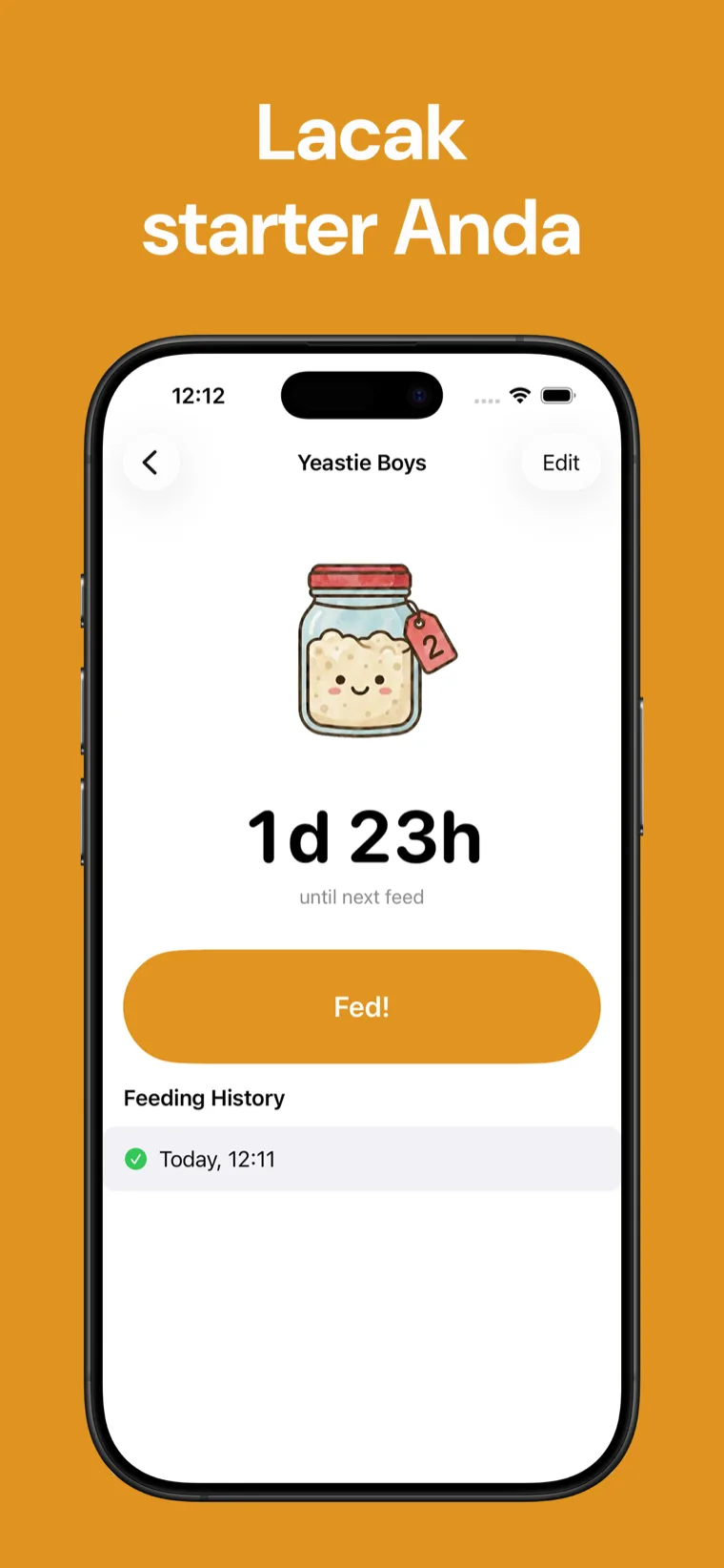 Lacak starter Anda — Jurnal Sourdough di iPhone menampilkan daftar starter dengan hitung mundur ke pemberian makan berikutnya