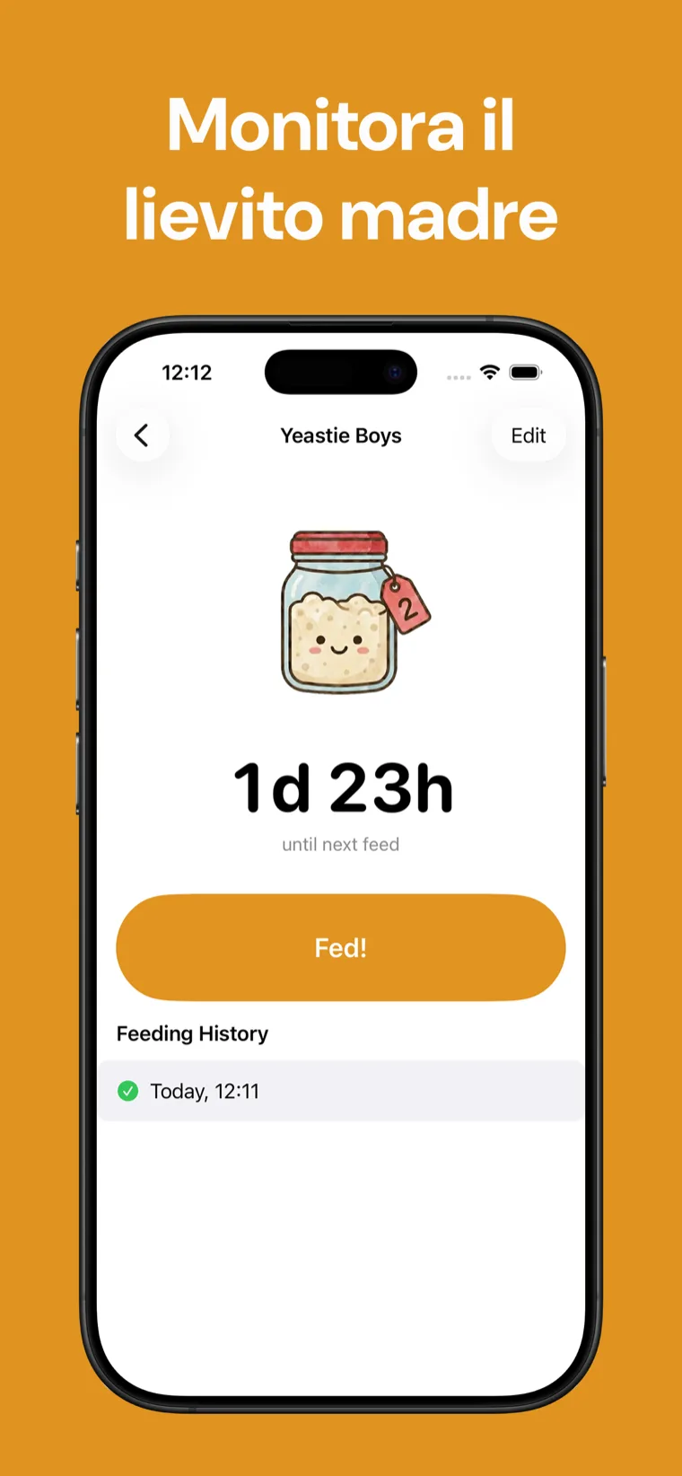 Monitora il lievito madre — Lievito Madre Tracker su iPhone con elenco lieviti e conto alla rovescia per il rinfresco