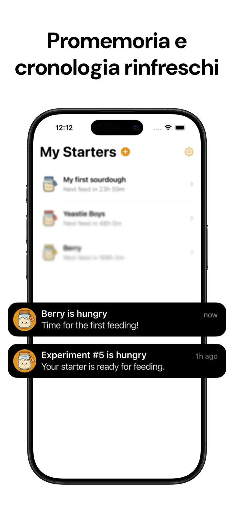 Promemoria e cronologia rinfreschi — Lievito Madre Tracker che mostra il registro dei rinfreschi e le notifiche push dei promemoria