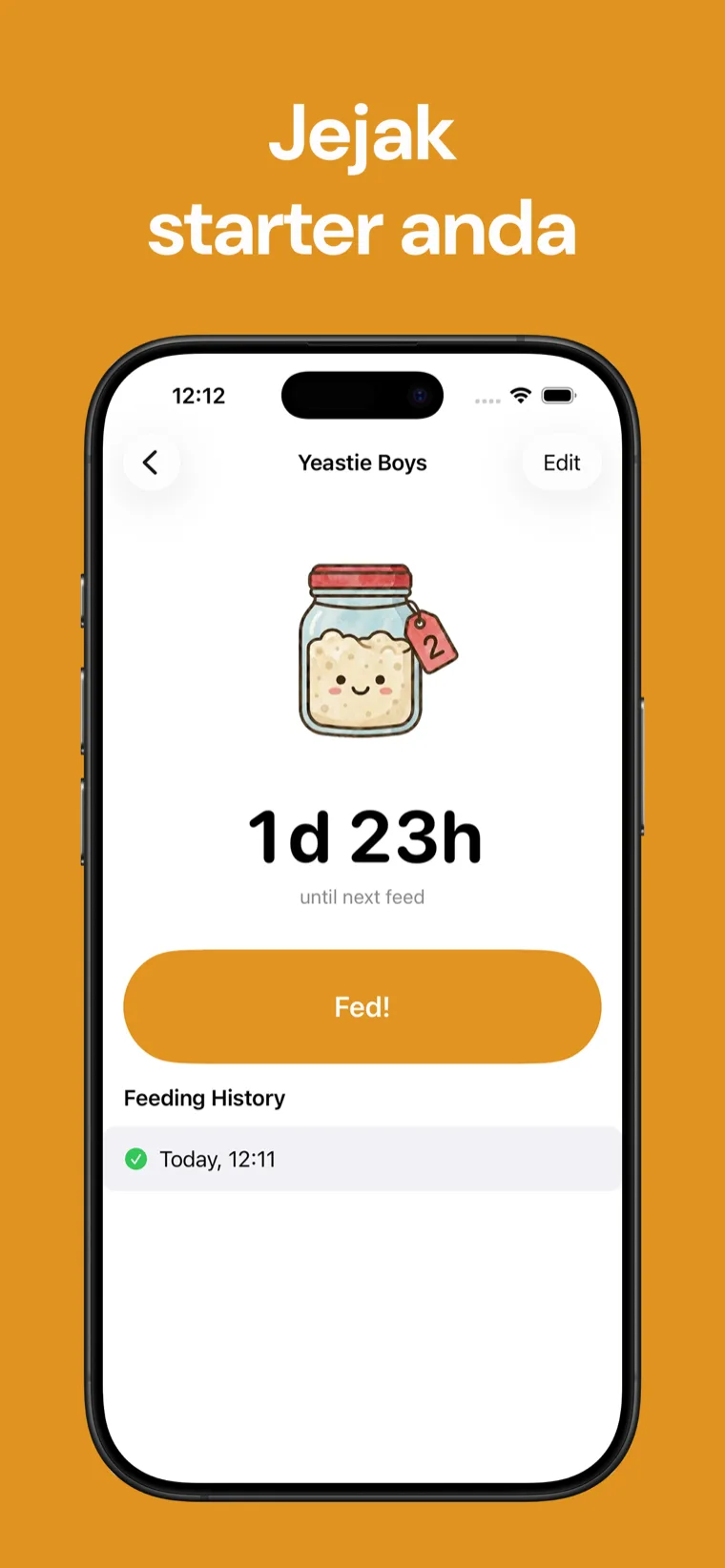 Jejak starter anda — Jurnal Sourdough pada iPhone menunjukkan senarai starter dengan kiraan detik ke pemberian makan seterusnya