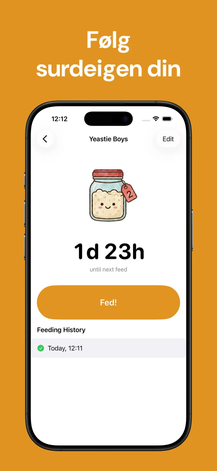 Følg surdeigen din — Surdeig Tracker på iPhone viser en liste over startere med nedtelling til neste mating.