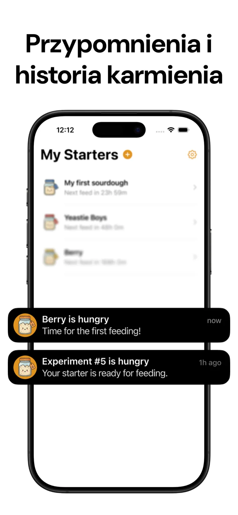 Przypomnienia i historia karmienia — Dziennik Zakwasu pokazujący dziennik karmień i przypomnienia push