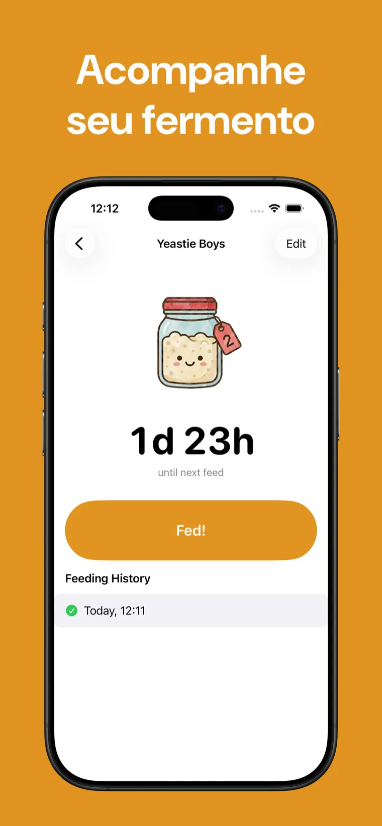 Acompanhe seu fermento — Fermento Tracker no iPhone mostrando uma lista de fermentos com contagem regressiva para a próxima alimentação.