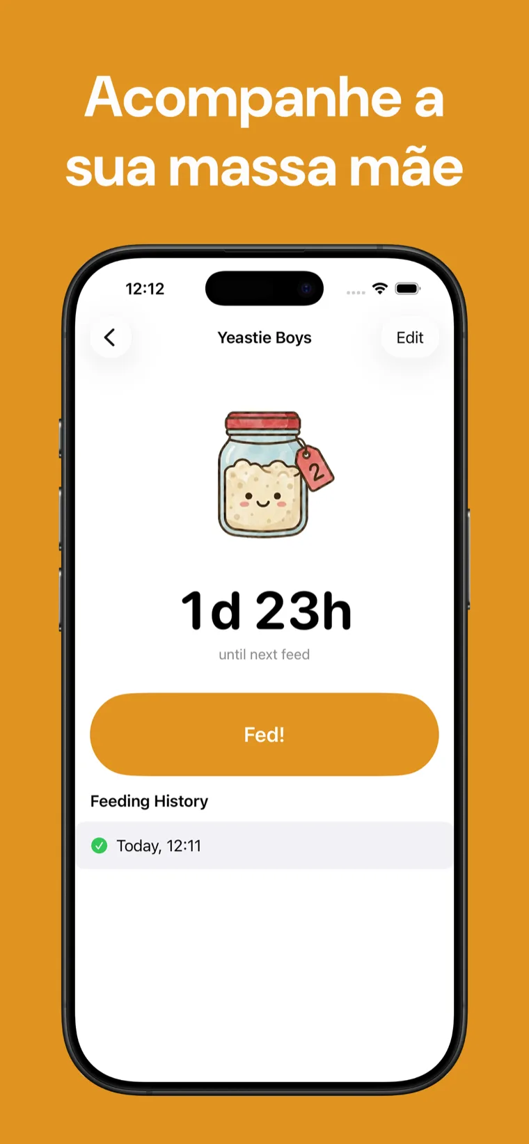 Acompanhe a sua massa mãe — Massa Mãe Tracker no iPhone mostrando uma lista de massas mãe com uma contagem decrescente para o próximo refresco