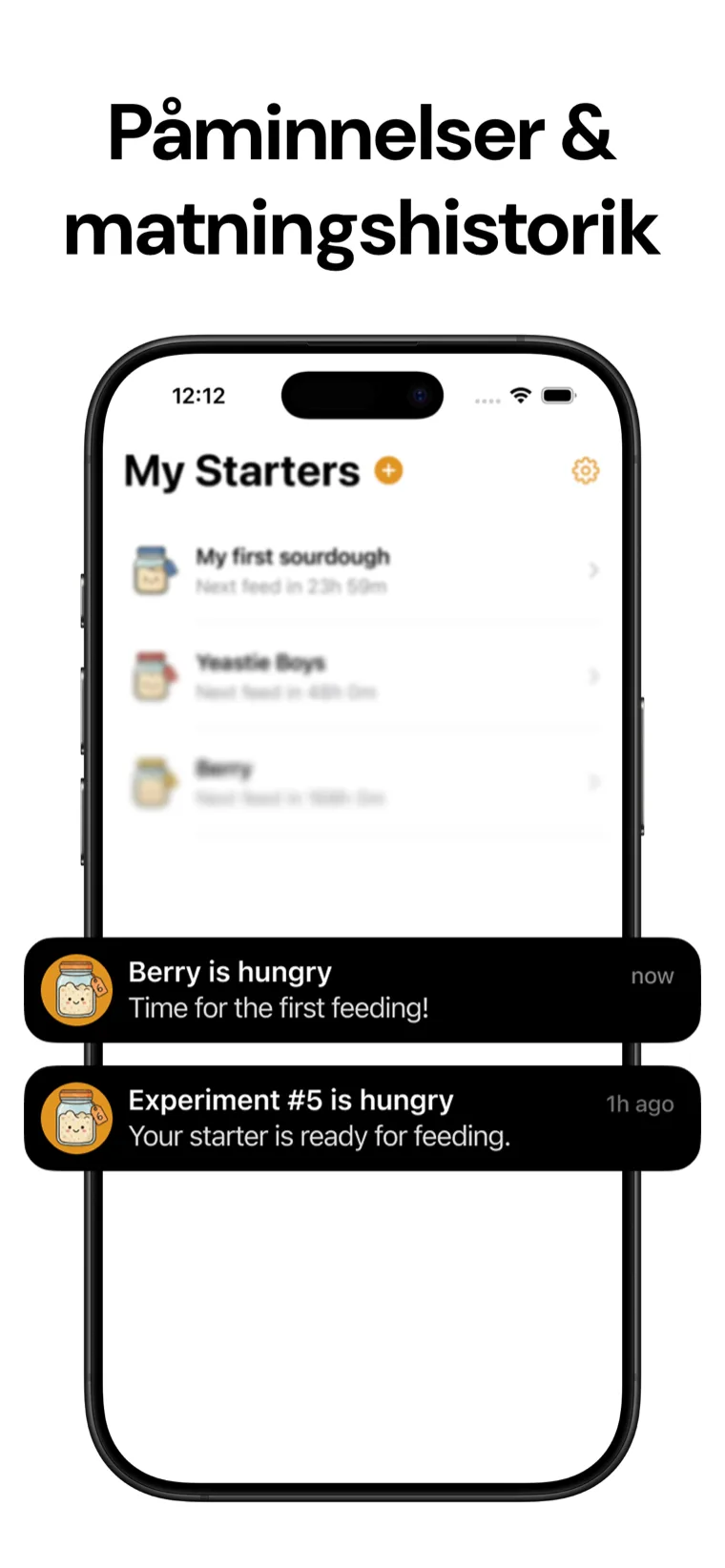 Påminnelser & matningshistorik — Surdeg Tracker som visar matningsloggen och push-notispåminnelser