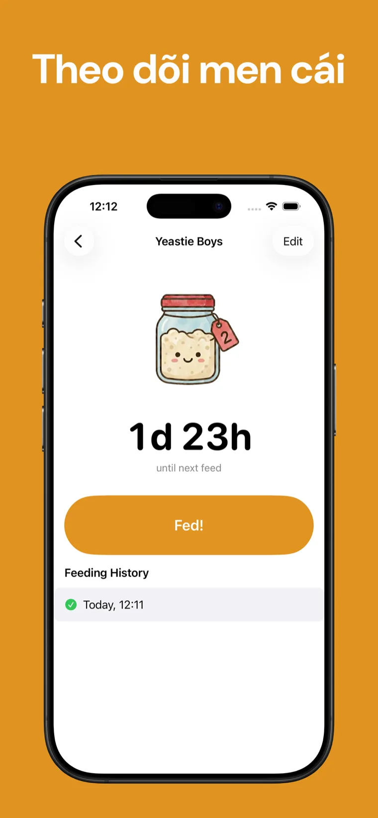 Theo dõi men cái — Ứng dụng Nhật Ký Sourdough trên iPhone hiển thị danh sách men với bộ đếm ngược đến lần cho ăn tiếp theo